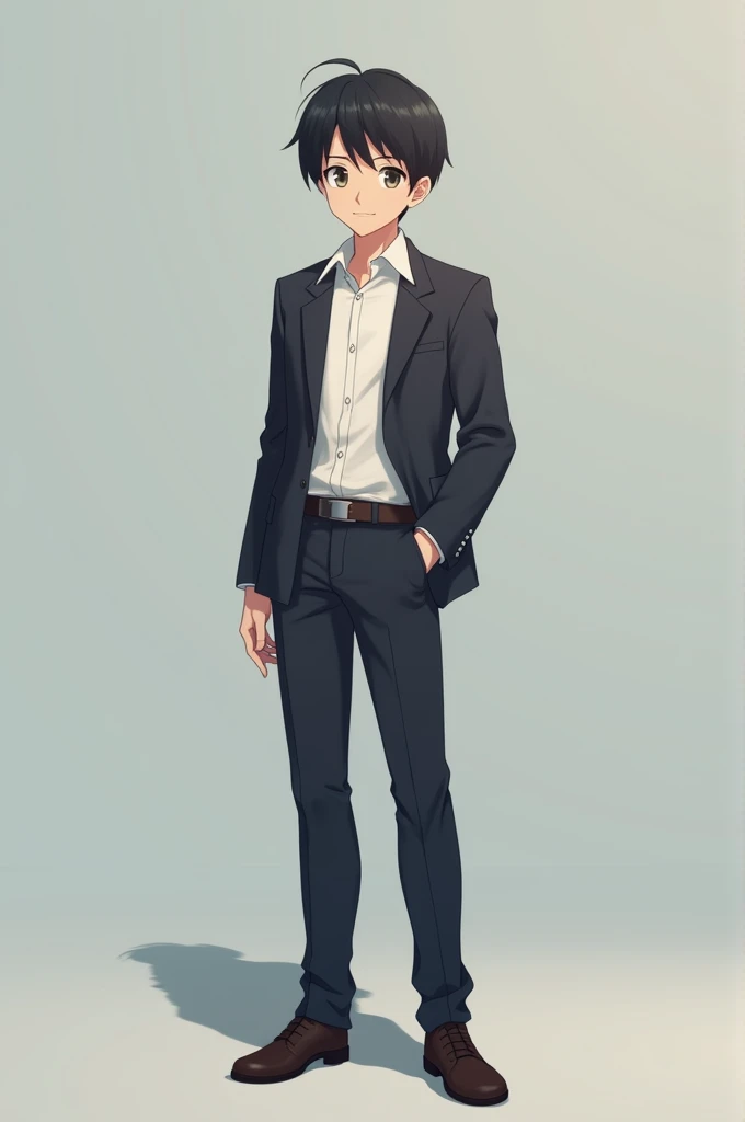 Anime school male teenager facing towards camera and standing still wearing brazer 