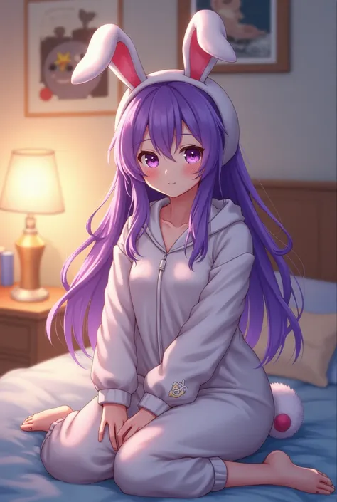 Purple hair girl in her room wearing bunny suit Sitting on the bed