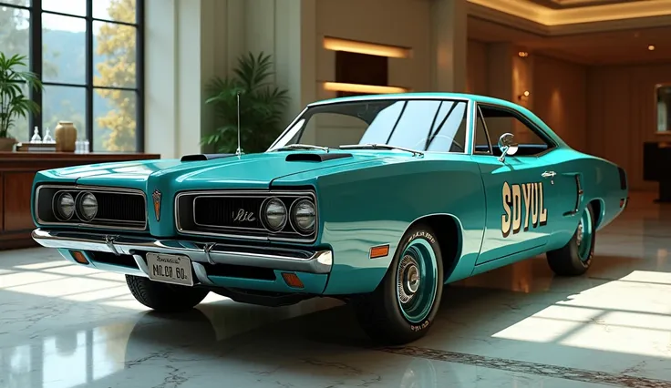 Front side view of a teal vintage muscle car labeled "Super Bee" and "Sibyl," featuring a bold chrome grille, dual headlights, and aggressive hood scoops. The car is showcased in a luxury showroom with polished marble floors, soft ambient lighting, and lar...