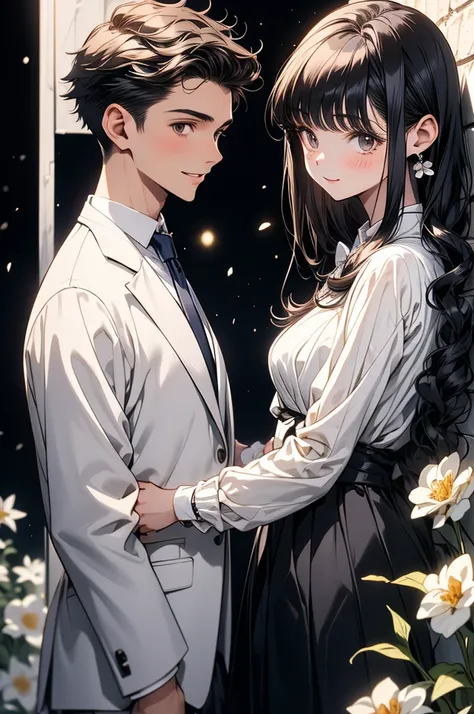 ool, gentleman and young anime guy . He is wearing white a light grey suit  ,dark brown eyes. A gorgeous girl with dark hair, brown eyes. They stand face to face. Behind them is a beautifully wall of paper flowers