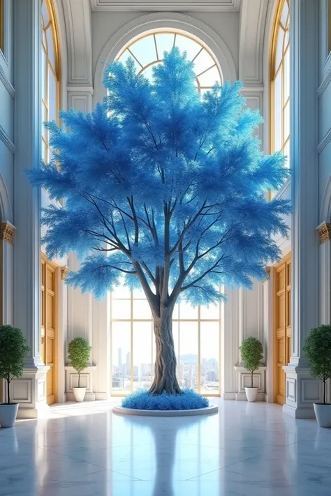 make an entrance hall with white floor and walls, a big blue tree in the middle, golden windows, large and luxurious room 