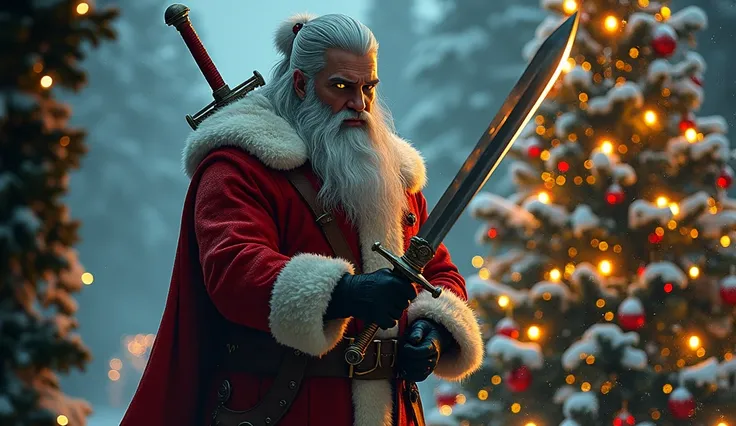 The Witcher with Two Swords and Yellow Eyes as Santa, behind him Christmas tree 