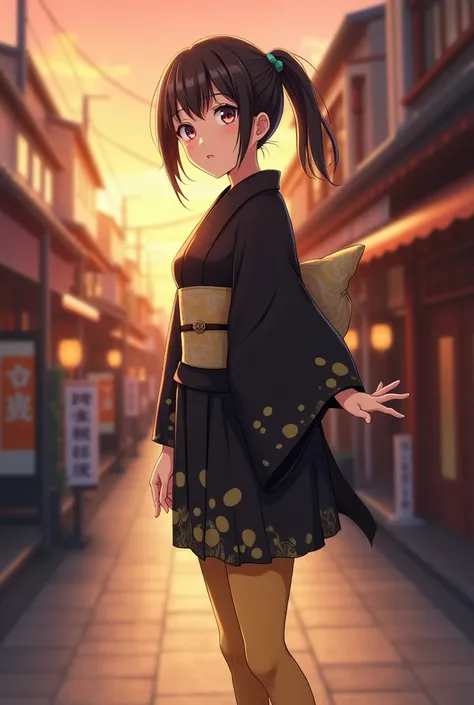 A girl in a kimono、Expressionless girl, Black kimono with gold trim, Her hair is tied in a ponytail,  yellow pantyhose ,  sunset reflected on her face in a lively street, 在热闹的街道上