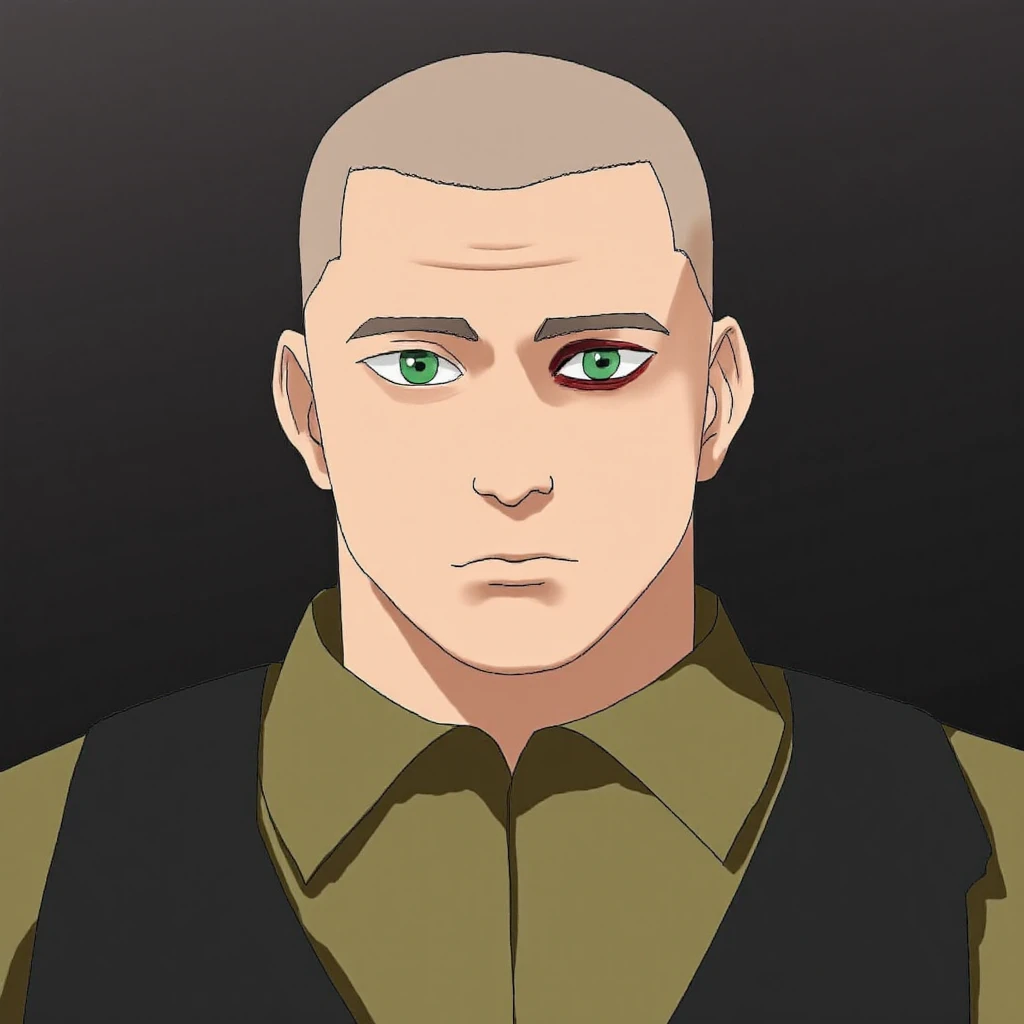 Anime Manga A man with facial features similar to Thomas Shelby, captured from the waist up. He has green eyes, olive-colored clothing, a slightly muscular build, serious, sharp, with a frightening gaze, authority, aura, an upright posture, short buzz-cut ...