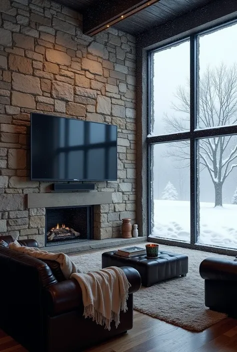 A rustic industrial interior with a TV mounted on an exposed stone wall. The wide glass walls are nearly frosted as a powerful blizzard swirls outside. Dark leather furniture and cozy blankets add warmth to the stormy scene.