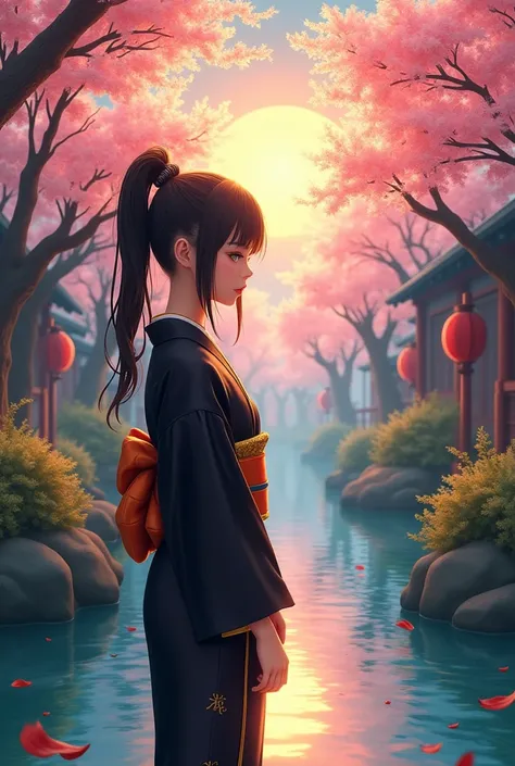 masterpiece,  best quality, (  Very Detailed CG Unity 8K Wallpaper ) ( best quality), (best illustration), ( the best shade ) vibrant colors, jungle, water, Natural Beauty, A peaceful oasis , A girl in a kimono、Expressionless girl, Black kimono with gold t...