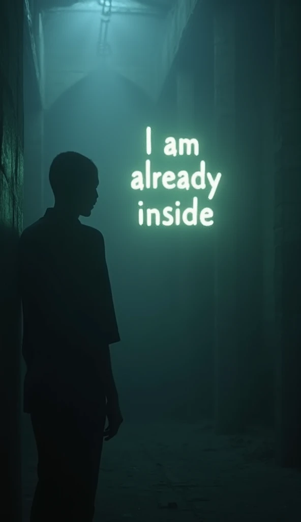 A whispering voice coming from the darkness, with the words barely visible in the air. A misty, dark atmosphere with glowing words like I am already inside barely visible in the air