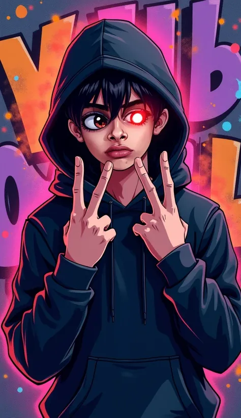 Create a vibrant graffiti-style artwork of a young man wearing a dark black hoodie. He is posing in a selfie-style with three fingers forming a gesture in front of his face. The right eye is glowing with a red neon effect. The background is filled with col...