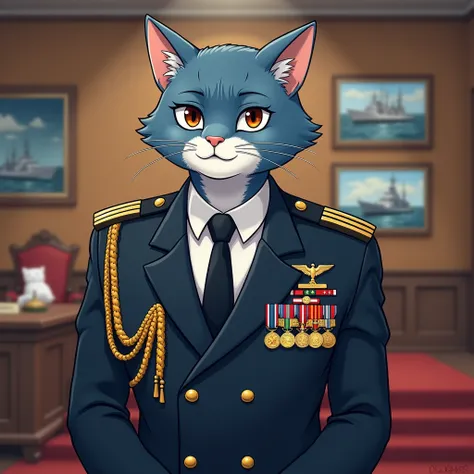 draw this a male anthropomorphic blue cat with brown eyes. He is a admiral and wears a naval uniform with tie and jacket and the chest full of medals  do it full body image in the ceremony hall with decoration with naval photos and ships