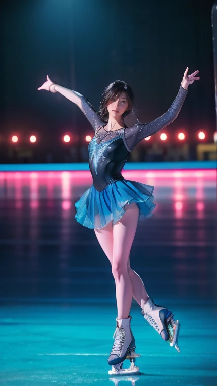 ( girl:1.1, athlete:1.1)(ice skating:1.1)( Dynamic Poses :1.1), Swimsuit with Skirt , blue eyes, has long eyelashes, Beautiful Detailed Lips,  Dance Maneuver on the Ice Rack Using a Vibrant Ice Rink ,  Professional Writing , high definition , realistic ,Fr...