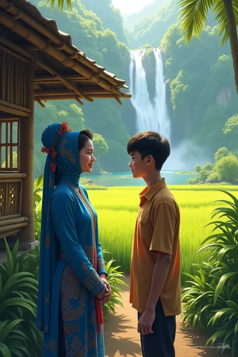 Draw a picture of a beautiful young woman aged 20 years . in the Indonesian village. kebaya biru has indonesian hair sangul konde with a hood and batik cloth sitting in a bamboo hut with a young man aged 25 years old pointing fingers in the middle of a bea...