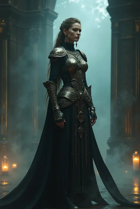 a beatifut woman in armor inside dark dreamy room