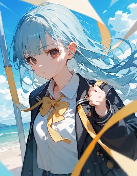 Score_9,Score_8_up,Score_7_up,highest quality, source_anime, highest quality, BREAK 1 girl, high school uniform, jacket, light yellow ribbon, light blue hair, long hair, brown eyes, BREAK (seaside), BREAK