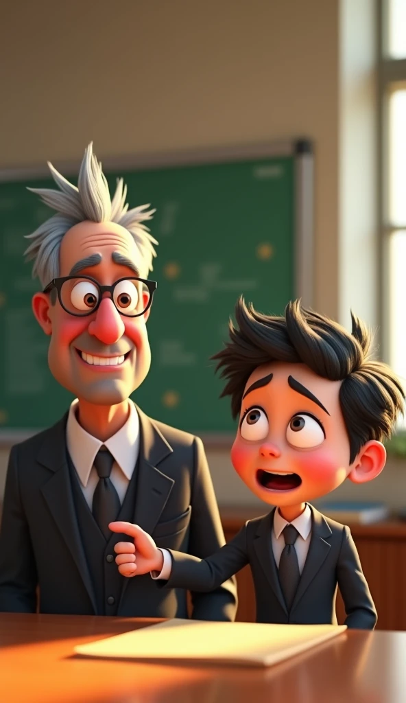 "3D Pixar-style cartoon scene of the principal now with a sarcastic smirk, pointing at Papu as he delivers his witty line. The middle-aged principal has grey spiky hair, glasses, and a sharp suit, looking triumphant. Papu, still with messy black hair, over...