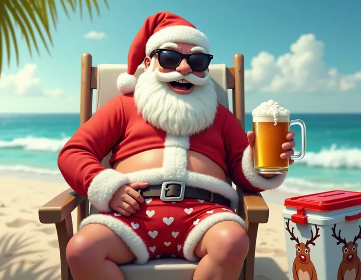 Smiling Santa Claus wearing heart-printed underwear, with sunglasses, Santa Claus sitting on an opening chair , On the beachfront with sea ,  a cooler printed with reindeer on the side and holding a beer mug.
