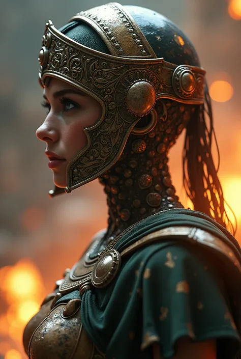 Roman goddess, warmonger, death, destruction and ruin, head to breast, legionnaire cybernetics. High Resolution, Masterpiece, Award Winning, Best Quality, High Details, High Quality, UHD, Optical Illusion, Impressionism, Art Deco, Cinematic, Cinematography...