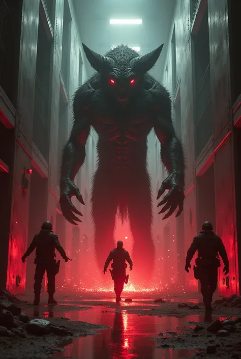 "Abigail breaking out of containment in the Area 51 facility. Red emergency lights flood the metallic hallways as soldiers flee in panic. Abigails figure is imposing, with sharp claws and a powerful, menacing stance as sparks fly from broken equipment and ...