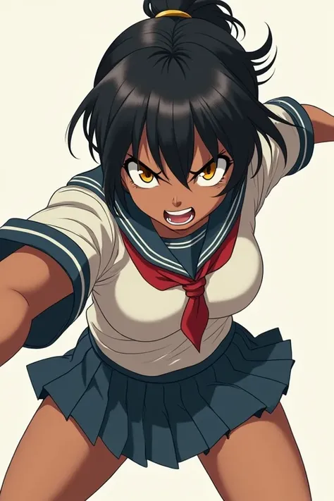 1girl, high resolution, best quality, Rough dark skin, Boyish hair, black hair, slightly muscular body, japanese school girl outfit, miny skirt, golden eyes, looking at viewer, angry, anime style