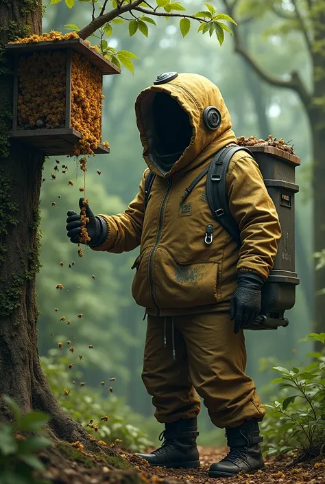 Man on the dumping costume steals food from an apiary in the forest