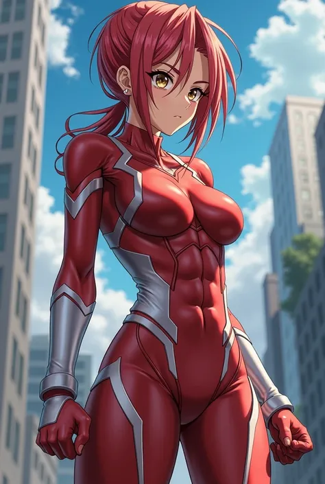  My Hero Academia Style ,   anime girl , woman, young woman ,  full body shot ,( Fighting Stance :1.3),Long Hair, Red Hair,   Brown Eyes , hero suit, Full Body Suit,  red suit with white details, perfect anatomy,  enhanced abs , super detailed,(building:1....