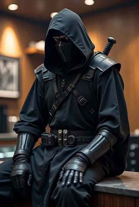 
arafed man in a black hood and mask sitting on a counter, a picture by Emma Andijewska, reddit, neoism, armed with edged weapons, techwear occultist, wearing japanese techwear, felix englund style, wearing techwear and armor, dressed in black body armour,...