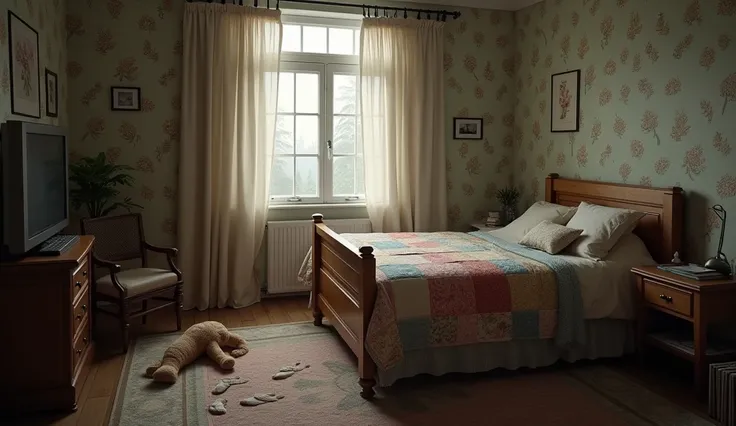 Clara’s Empty Room (hyper-realistic): A cozy, feminine bedroom with a small wooden bed draped in a patchwork quilt. An open window with pale curtains billows in the wind, and a small, abandoned stuffed bear lies on the floor. Faint muddy footprints lead ou...