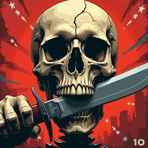 A detailed frontal skull biting a knife, war propaganda style. The design is dramatic and intense, with strong lighting and striking shadows. The knife is robust, with a shiny blade and military details. The skull has realistic cracks and textures, transmi...