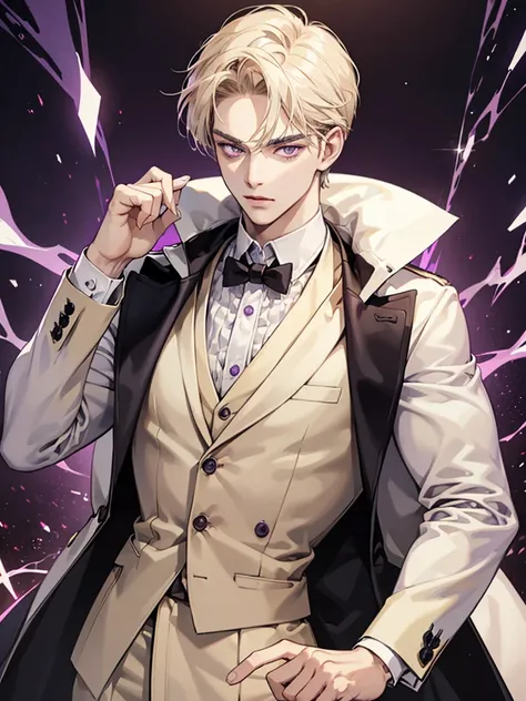 a man, purple eyes, cream beige hair. so handsome.  Background in luxurious casino. thin, he teenager. handsome man. he is mafia boss. cool. elegant. arrogant. intimidation. he has big eyes resolution HD