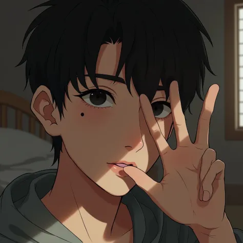 An asian man hiding his face with his hand, some of his bangs covering his black eyes, has mole on right cheek, background is his room with a cozy aatmosphere. Age 20-15. Realistic. A selfie.