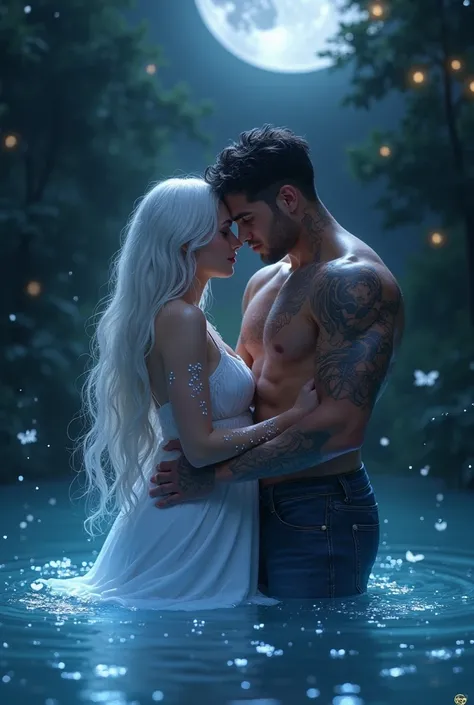 

"A curvy, chubby girl in a delicate nightdress, her long, flowing white hair cascading down her back. Soft, ethereal white tattoos adorn her body, glowing faintly in the moonlight. She’s held in the arms of a strong, muscular man with short black hair, h...