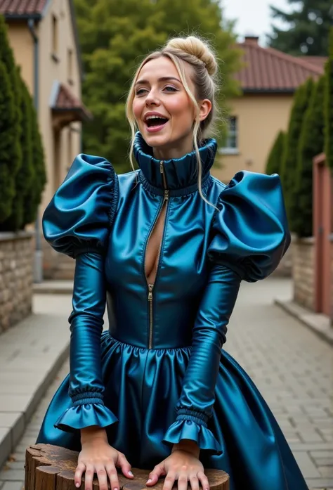 (realistic photograph close up sideways cheerful), (a beautiful looking surprised smiling hot woman having an orgasm with (messy hair bun)), (she is wearing (an exaggerated elaborate shiny blue high neck dress with (huge puff sleeves), (and a narrow very h...