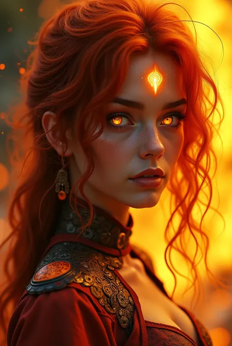  Beautiful human girlSkin : Warm and golden ,  with a faint reddish glow .
   * hair:  Deep red or orange ,  like the flames of a fire .  May have wild curls or be slightly frizzy.
   * eyes:  Amber or gold ,  with an intense glow like fire .
   * outfit: ...