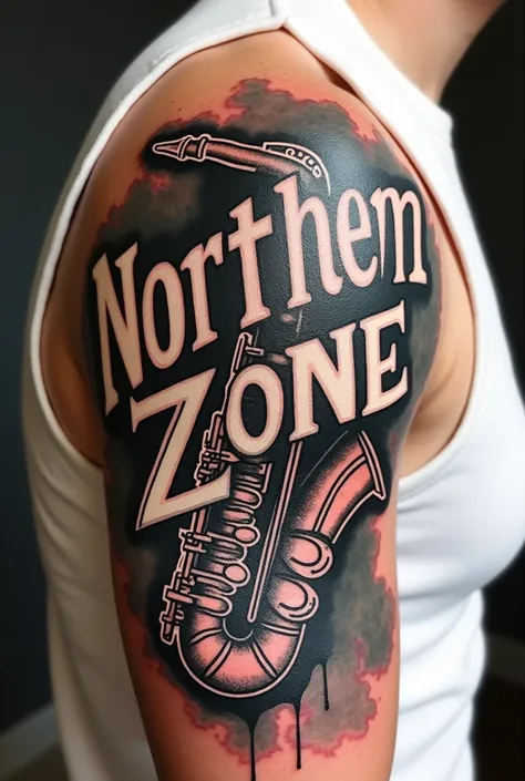 Tattoo that says Northern Zone with a saxophone 