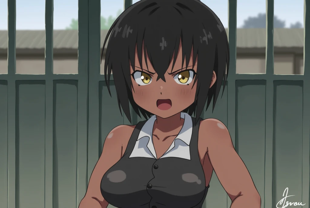 1girl, high resolution, best quality, Rough dark skin, tall body, short hair, black hair, muscular body, japanese school outfit, golden eyes, looking at viewer, angry, school gate background, anime style,