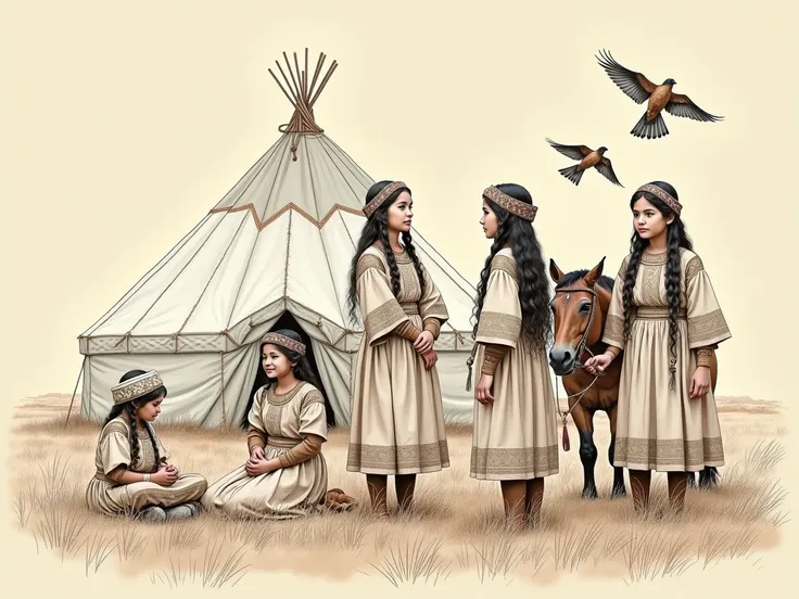  draw 5 girls in Kazakh national chapans ,  are flying in the background, a Kazakh skullcap headdress  "takia ",  hair gathered in two braids long below the waist .  The first girl is standing in the center in her hands with a bow ,  one girl sits in front...