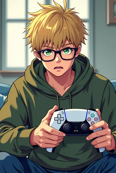 Manga-style drawing of a young man wearing a military-colored sweatshirt with green eyes and black eyeglasses with short blond hair playing Play 5 with the PS5 controller in his hands