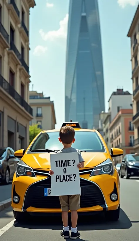 Plywood of a boy in front of a Toyota Yaris taxi in Madrid waiting under the glass tower of Madrid in front of a KPMG sign. The boy has a banner that says : "time? Place?"