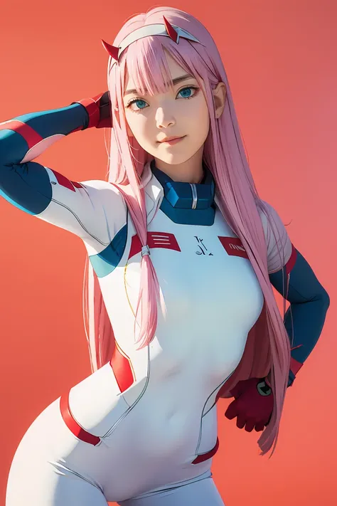 ((best quality)),((highly detailed)),masterpiece,absurdres,detailed face,beautiful face,((detailed eyes, deep eyes)),(1girl),((dynamic pose)), Zero_Two, green eyes, 1girl, solo, red bodysuit, long hair, pilot suit, pink hair, bodysuit, straight hair, hairb...