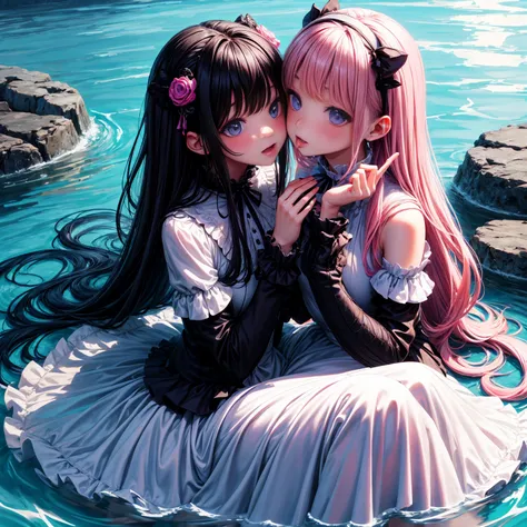  black hair、Medium to long hair、 odd-eye、bangs、 Lots of Vivid Decorations 、 Gothic Lolita 、 black tights 、 An Innocent Girl 、 Snuggle Up and Kiss 、lover、Valley Water、Purple、 Different Eye Colors on the Left and Right、 pink hair、In the water、Being in the wa...