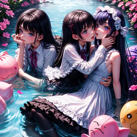  black hair、Medium to long hair、 odd-eye、bangs、 Lots of Vivid Decorations 、 Gothic Lolita 、 black tights 、 An Innocent Girl 、 Snuggle Up and Kiss 、lover、Valley Water、Purple、 Different Eye Colors on the Left and Right、 pink hair、In the water、Being in the wa...