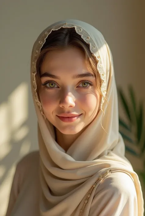 Beautiful Muslim girl,green hazel eyes, beautiful smile,face covering with scarf,wearing habayya