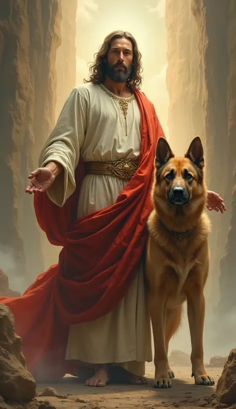 Jesus with a strong and beautiful dog