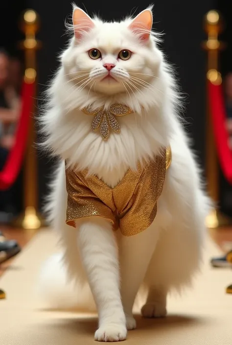 Glamour Purrfection": A pristine white Persian cat with long, flowing fur, wearing a dazzling gold dress with sparkling accessories, walking gracefully on a luxury runway with velvet ropes and gold accents.
