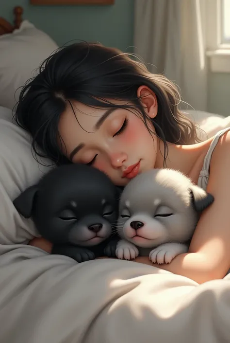 Two puppy cats ,  one black and one gray sleeping in a bed with a young woman with white skin and dark hair