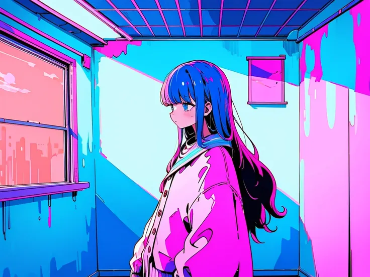  Quiet Room 、 long haired girl、 the color of the hair is blue and pink、The color of the wall is light blue 、 the color of the window is pink 、 is looking at this、Melancholy