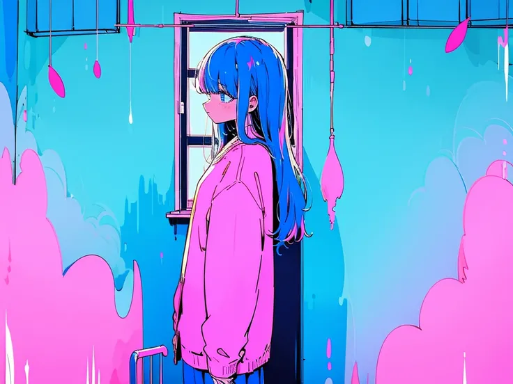  Quiet Room 、 long haired girl、 the color of the hair is blue and pink、The color of the wall is light blue 、 the color of the window is pink 、 is looking at this、Melancholy