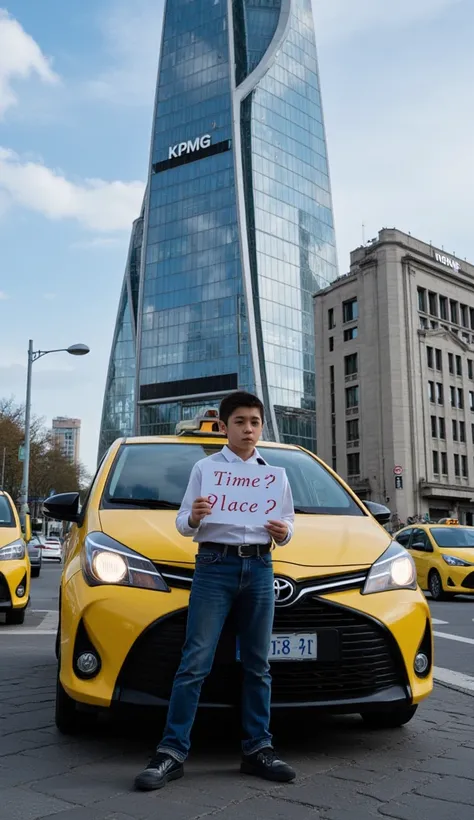 Plywood of a boy in front of a Toyota Yaris taxi in Madrid waiting under the glass tower of Madrid in front of a KPMG sign. The boy has a banner that says : "time? Place?"