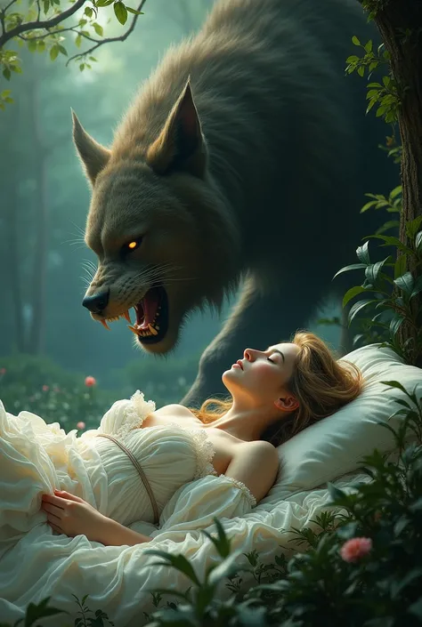 Draw me a beautiful woman falling asleep and then being eaten by a beast