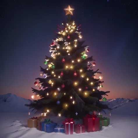 a Natal tree with  presents  around it and a star on top, Natal tree, 🌲🌌,  tree  rica, Resolution 1128x191, Natal, 💋 💄 👠 👗,  tree ,  presents , uma  tree  bonita, 2 dc cg,  A hyper-realistic , speedtree, highly decorated , happy!!!, by Ivan Mrkvička