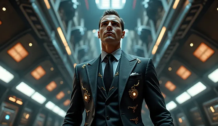 hyper-realistic JAck, from Titanic, but in 5000 years, in a battleship hall, dressed in future suit